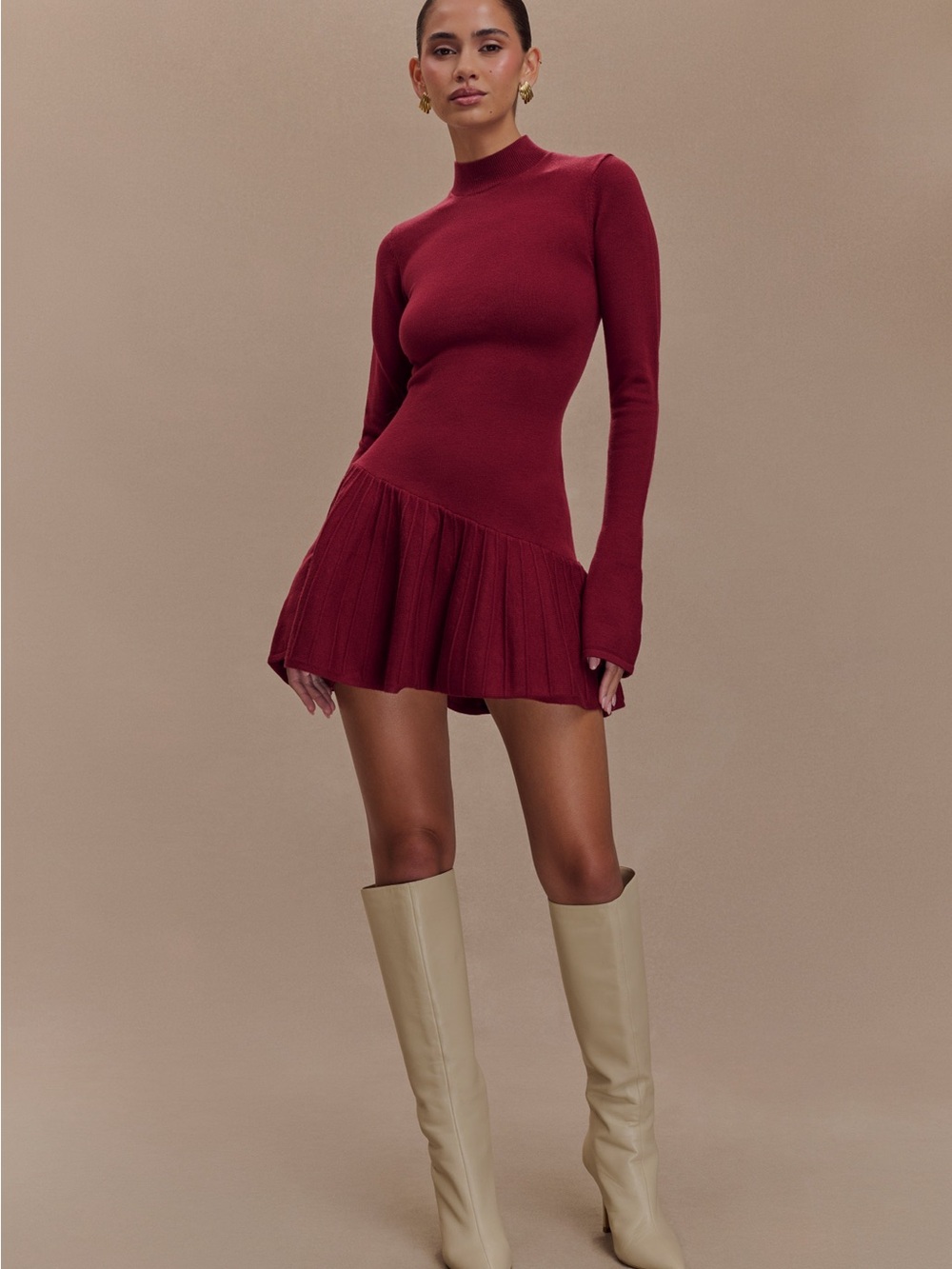 Meshki Burgundy MockβNeck Pleated Mini Dress